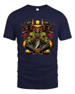 Dark Skull Cowboy Dragon Graphic T-Shirt Gothic Fantasy Tee - navy t-shirt on white background
