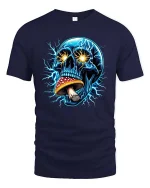 Electric Skull Mushroom Psychedelic Graphic T-Shirt Trippy Tee - navy t-shirt on white background