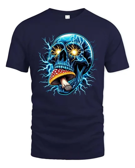 Electric Skull Mushroom Psychedelic Graphic T-Shirt Trippy Tee - navy t-shirt on white background