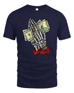 Skeleton Hands Money Prayer Graphic T Shirt Street Hustle Art - navy t-shirt on white background