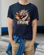 Erwin Royal Dragon Warrior Graphic T Shirt Fantasy Flame Power - model wearing navy tee with hands in pockets