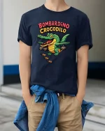 Bombardino Crocodilo Funny Crocodile Aviation Cartoon Tee - model wearing navy tee with hands in pockets