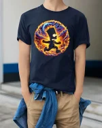 Flaming Chaos Cartoon Runner Street Art Graphic T-Shirt - model wearing navy tee with hands in pockets
