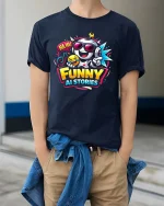 Funny AI Robot Laughing Emoji Humor Graphic T-Shirt - model wearing navy tee with hands in pockets