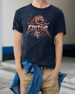 Fierce Tiger Editor Graphic T-Shirt for Video Editors - model wearing navy tee with hands in pockets