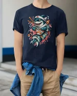 Funny Sushi Shark Cartoon Graphic T-Shirt for Sushi Lovers - model wearing navy tee with hands in pockets
