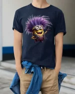 Funny Punk Rock Cartoon Character Graphic Tee Shirt - model wearing navy tee with hands in pockets
