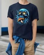 Electric Skull Mushroom Psychedelic Graphic T-Shirt Trippy Tee - model wearing navy tee with hands in pockets