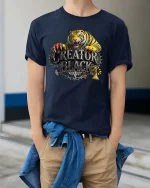 Creature Black Tiger Graphic T Shirt Fierce Wild Power Style - model wearing navy tee with hands in pockets