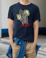 Skeleton Hands Money Prayer Graphic T Shirt Street Hustle Art - model wearing navy tee with hands in pockets