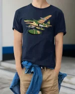 Crocodile Warplane Cartoon Graphic T Shirt Military Humor Art - model wearing navy tee with hands in pockets