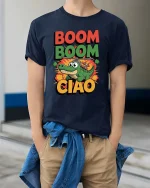 Funny Boom Boom Ciao Alligator Helicopter Cartoon T Shirt - model wearing navy tee with hands in pockets