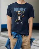 Funny Money Bear Graphic T Shirt Hip Hop Cash Cartoon Tee - model wearing navy tee with hands in pockets