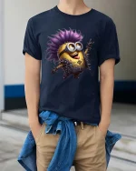 Funny Punk Cartoon Character Graphic T Shirt Rock Style Tee - model wearing navy tee with hands in pockets