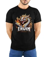 Erwin Royal Dragon Warrior Graphic T Shirt Fantasy Flame Power - model wearing black tee with hands behind back