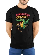 Bombardino Crocodilo Funny Crocodile Aviation Cartoon Tee - model wearing black tee with hands behind back