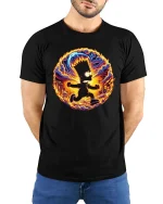 Flaming Chaos Cartoon Runner Street Art Graphic T-Shirt - model wearing black tee with hands behind back