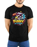 Funny AI Robot Laughing Emoji Humor Graphic T-Shirt - model wearing black tee with hands behind back