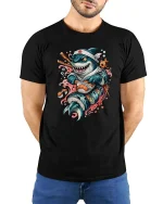 Funny Sushi Shark Cartoon Graphic T-Shirt for Sushi Lovers - model wearing black tee with hands behind back