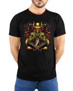 Dark Skull Cowboy Dragon Graphic T-Shirt Gothic Fantasy Tee - model wearing black tee with hands behind back