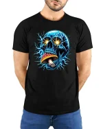 Electric Skull Mushroom Psychedelic Graphic T-Shirt Trippy Tee - model wearing black tee with hands behind back