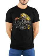 Creature Black Tiger Graphic T Shirt Fierce Wild Power Style - model wearing black tee with hands behind back