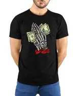Skeleton Hands Money Prayer Graphic T Shirt Street Hustle Art - model wearing black tee with hands behind back