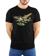 Crocodile Warplane Cartoon Graphic T Shirt Military Humor Art - model wearing black tee with hands behind back