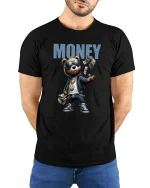 Funny Money Bear Graphic T Shirt Hip Hop Cash Cartoon Tee - model wearing black tee with hands behind back