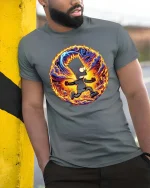 Flaming Chaos Cartoon Runner Street Art Graphic T-Shirt - model wearing grey tee, leaning on column