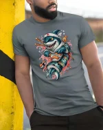 Funny Sushi Shark Cartoon Graphic T-Shirt for Sushi Lovers - model wearing grey tee, leaning on column