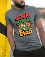 Funny Boom Boom Ciao Alligator Helicopter Cartoon T Shirt - model wearing grey tee, leaning on column