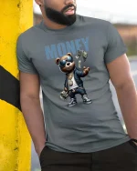 Funny Money Bear Graphic T Shirt Hip Hop Cash Cartoon Tee - model wearing grey tee, leaning on column