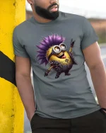 Funny Punk Cartoon Character Graphic T Shirt Rock Style Tee - model wearing grey tee, leaning on column