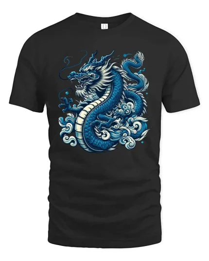 Blue Eastern Dragon Power Graphic T Shirt Mythic Beast Art - black t-shirt on white background