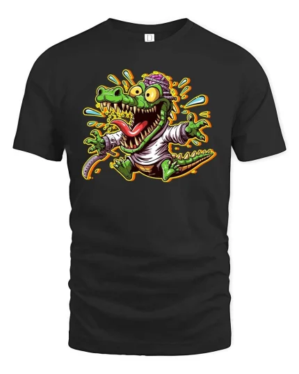 Wild Cartoon Crocodile Graphic T Shirt Funny Animal Style - black t-shirt on white background