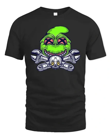 Crazy Monster Mechanic Graphic T Shirt Wrench Skull Style Art - black t-shirt on white background