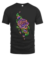 Colorful Rose Floral Graphic T Shirt Psychedelic Flower Art - black t-shirt on white background