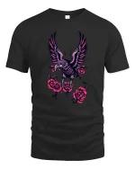 Gothic Eagle Rose Graphic Tee Dark Floral Bird Artwork - black t-shirt on white background