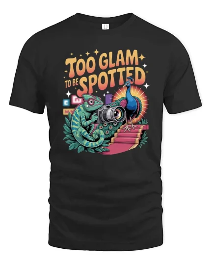 Too Glam To Be Spotted Funny Peacock Camera Graphic Tee - black t-shirt on white background