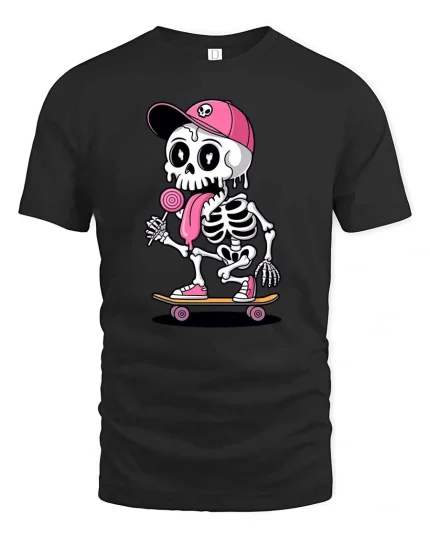 Funny Skeleton Skateboard Graphic Tee Street Cartoon - black t-shirt on white background