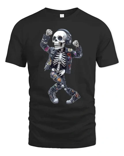Dancing Skeleton DJ Graphic T Shirt Headphones Street Art - black t-shirt on white background