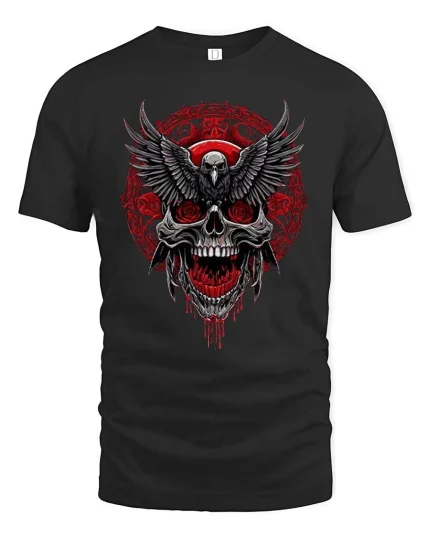 Dark Raven Skull Graphic T Shirt Gothic Horror Demon Art - black t-shirt on white background