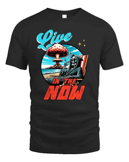 Live In The Now Skeleton Beach Graphic T Shirt Dark Humor Art - black t-shirt on white background