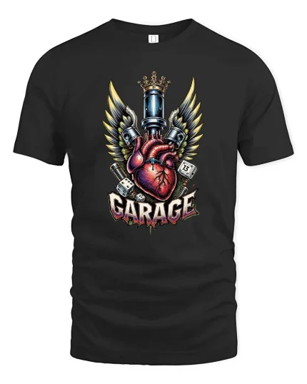 Garage Heart Engine Wings Graphic T Shirt Mechanic Rebel Art - black t-shirt on white background