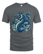 Blue Eastern Dragon Power Graphic T Shirt Mythic Beast Art - gray t-shirt on white background