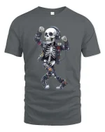 Dancing Skeleton DJ Graphic T Shirt Headphones Street Art - gray t-shirt on white background