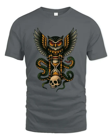 Owl Guardian of Time Skull Hourglass Graphic T Shirt Gothic - gray t-shirt on white background