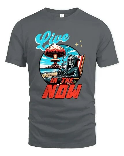 Live In The Now Skeleton Beach Graphic T Shirt Dark Humor Art - gray t-shirt on white background