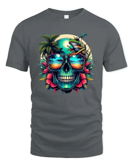 Tropical Skull Sunset Frog Graphic T Shirt Summer Vibes Art - gray t-shirt on white background